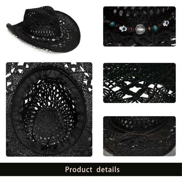 Faux Raffia Cowboy Hat Wide Brim Sun Protection Beach Vacation Accessory main image 5